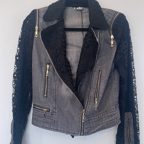 Paris Hues Black Denim & Lace Moto Jacket Cropped Size Small - Picture 6 of 15